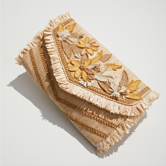 NEW Chico's Neutral Embroidered Fringe Clutch - Picture 1 of 6